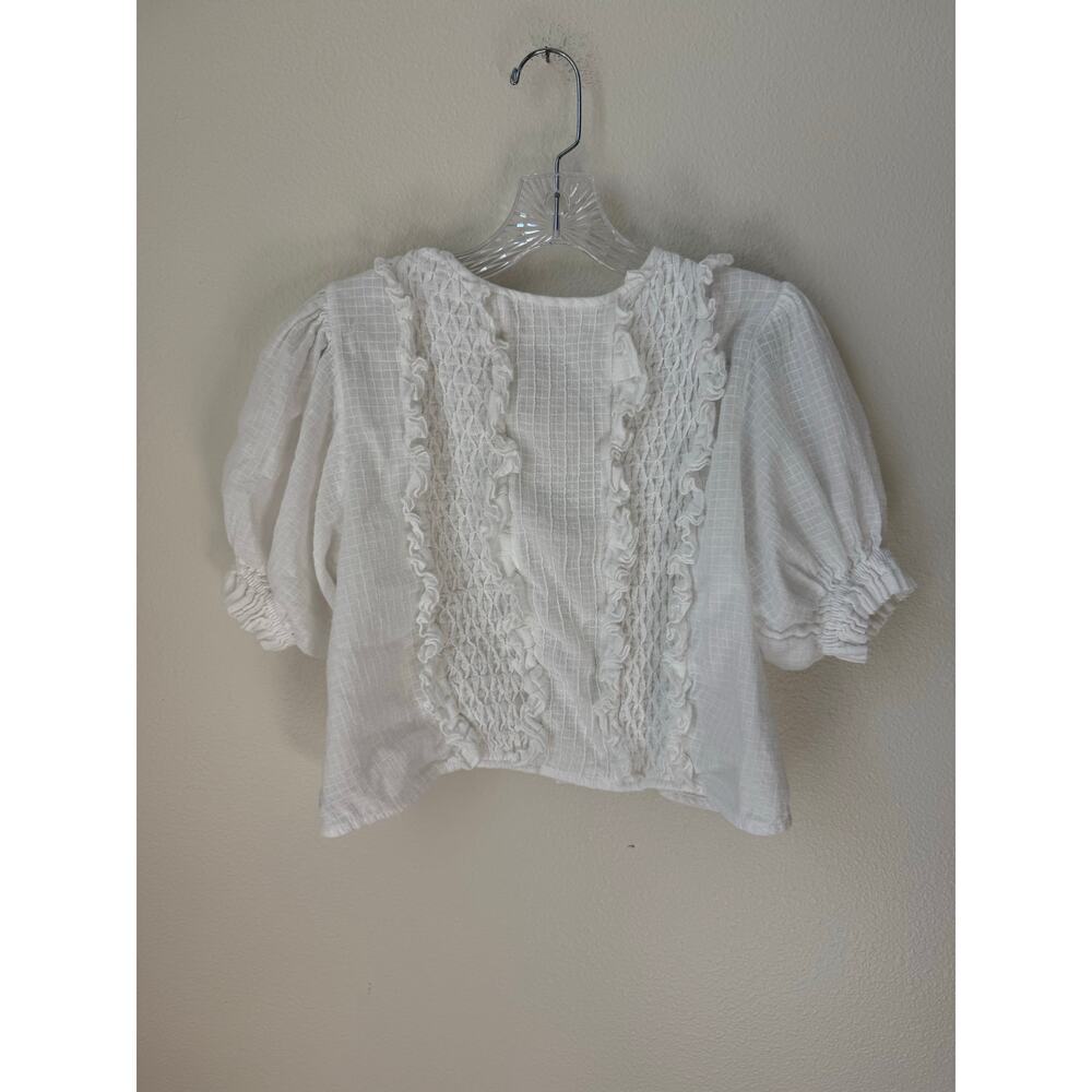 Innika Choo Smocked Ruffle Puff Sleeve Cutout Button Up Peasant Top - Picture 3 of 8